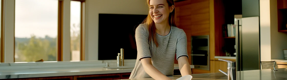 Frau beim putzen der Arbeitsfläche breit