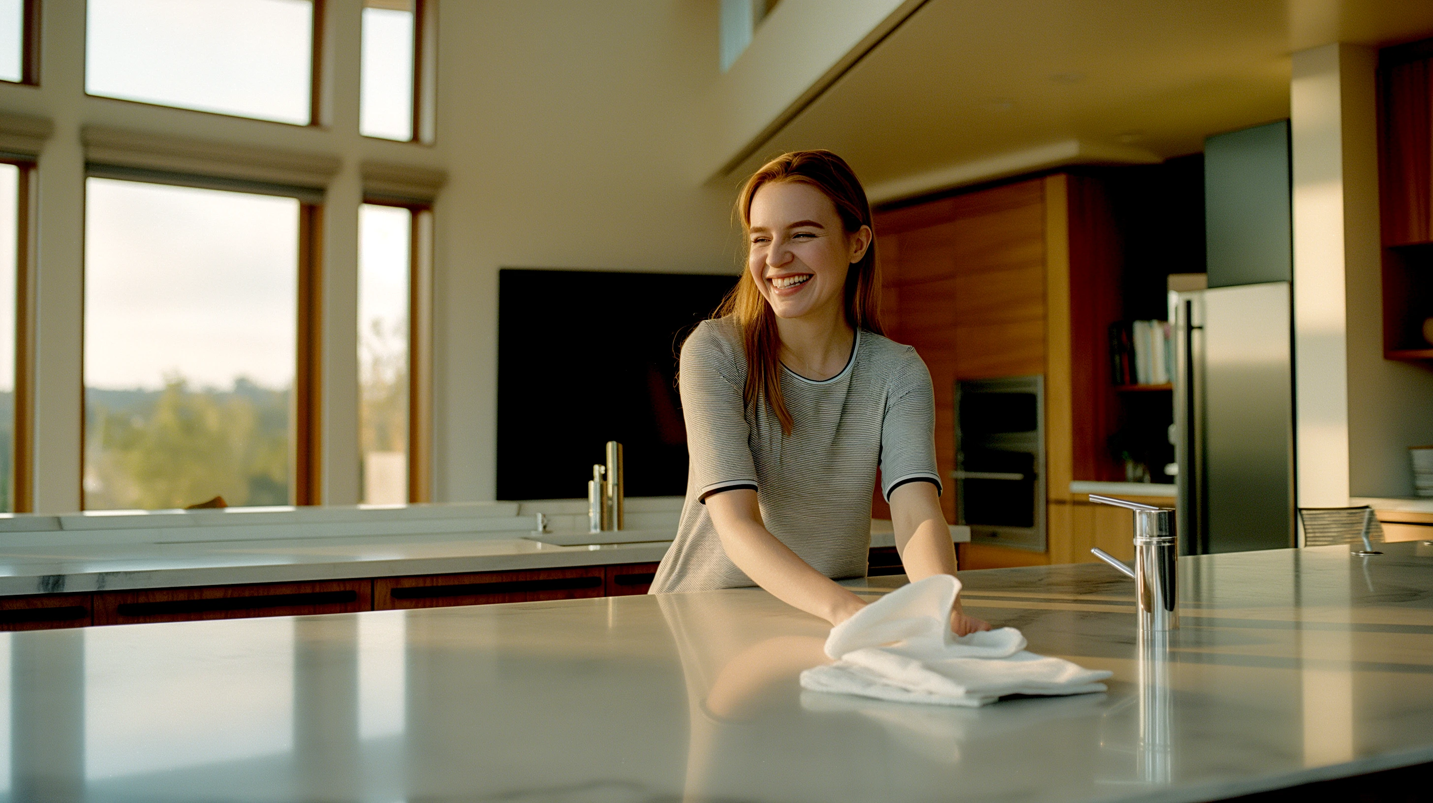 Frau beim putzen der Arbeitsfläche