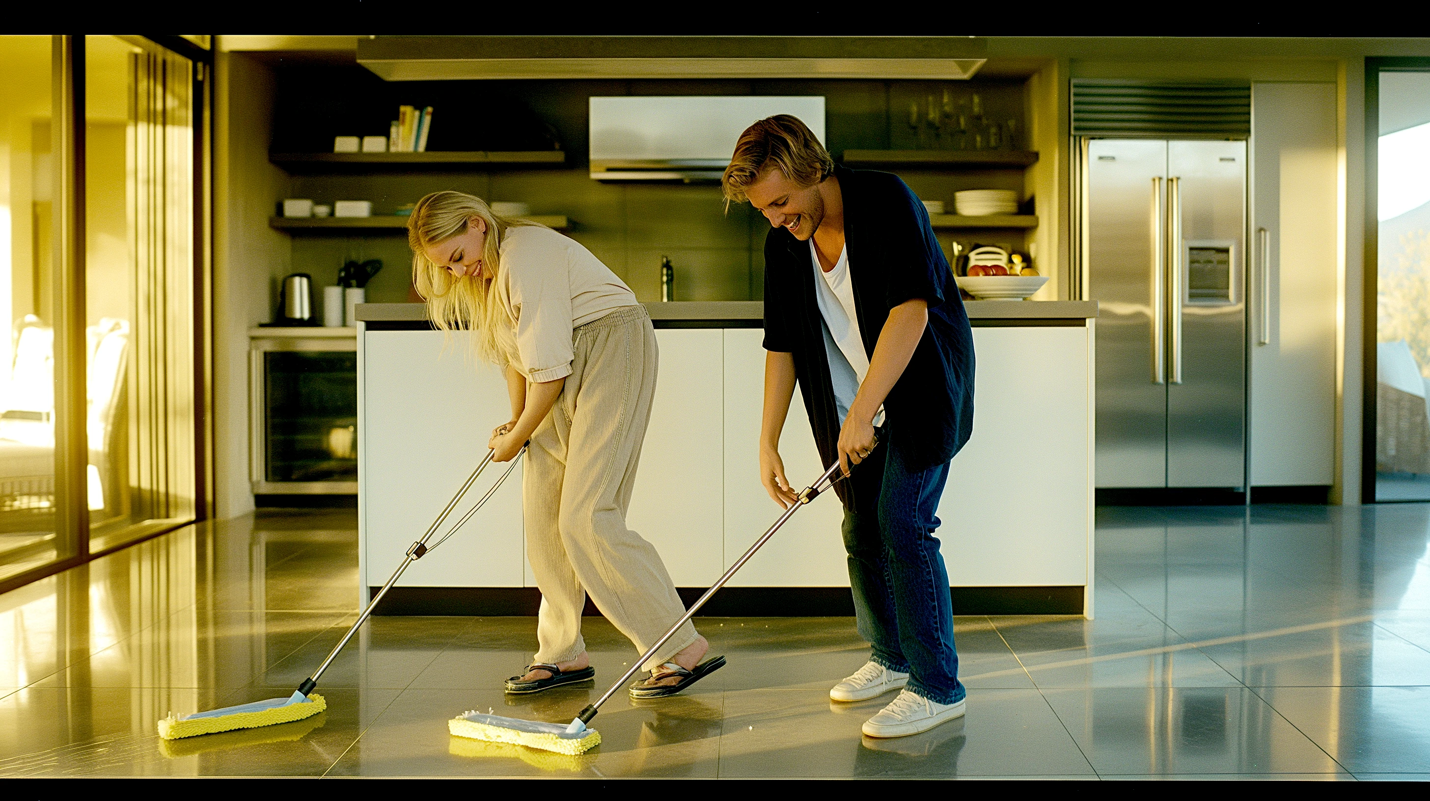 Paar putzt syncron den Boden
